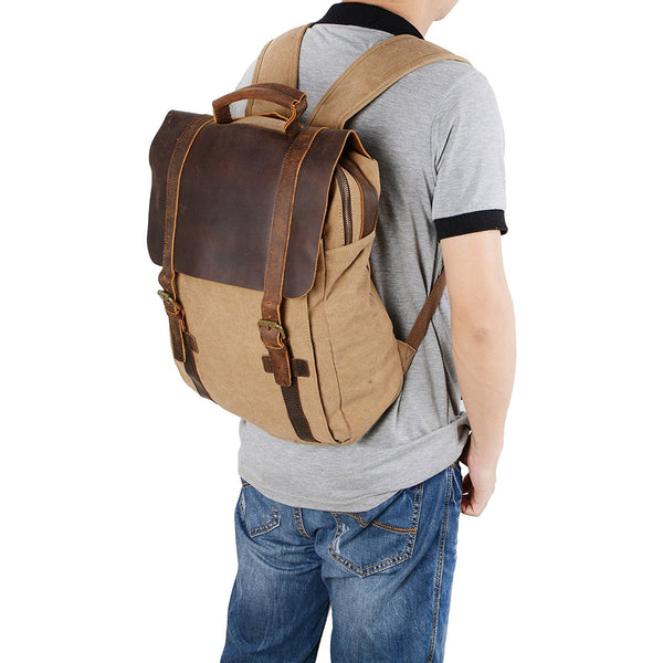 Retro Vintage Style Urban Canvas Leather School Travel Backpack Rucksack 15.6-inch Laptop Bag