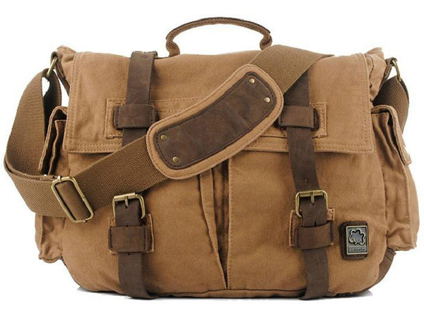 Multi-Purpose Retro Genuine Leather and Canvas Army Satchel Duel-Pouch Style