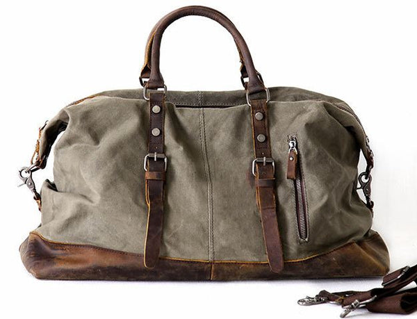 Men's Leather & Canvas Duffle Bag Vintage for Luggage, Travel, Weekender - Army Green