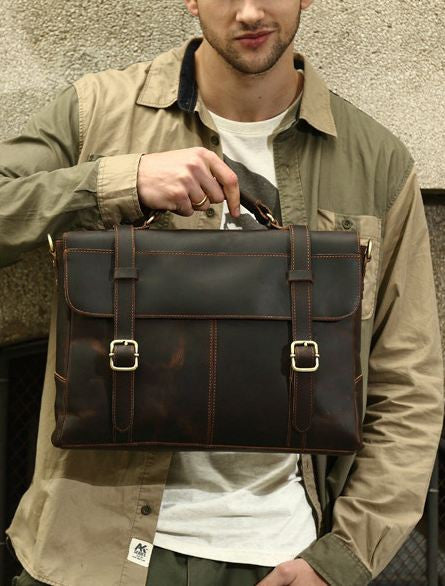 Premium Leather Messenger Briefcase in Orange Stitching and Metal Finishing