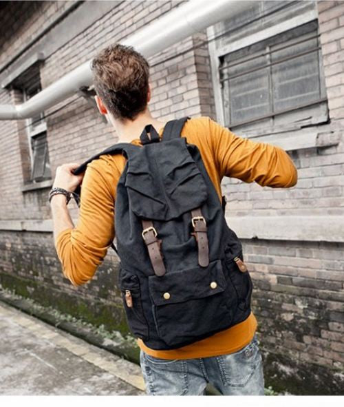 Multi-Pocket Hiking Military Rucksack with Leather Accents on Black & Brown