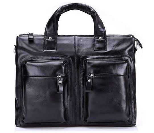 Business & Casual Unisex Genuine Black Leather Laptop Briefcase with Cushioned Inner Laptop Compartment