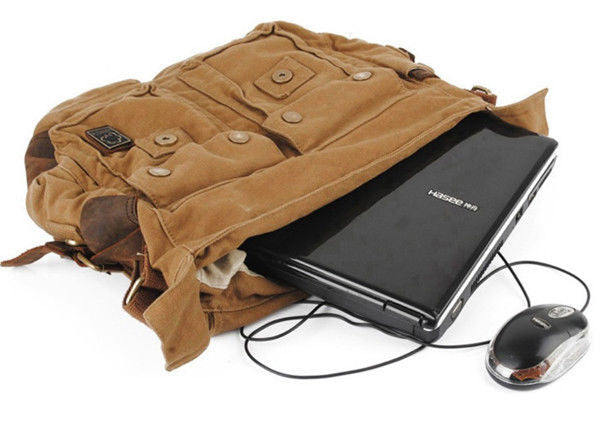 Brown Military Style Messenger Bag with Dual Leather Straps & Metal Buckles