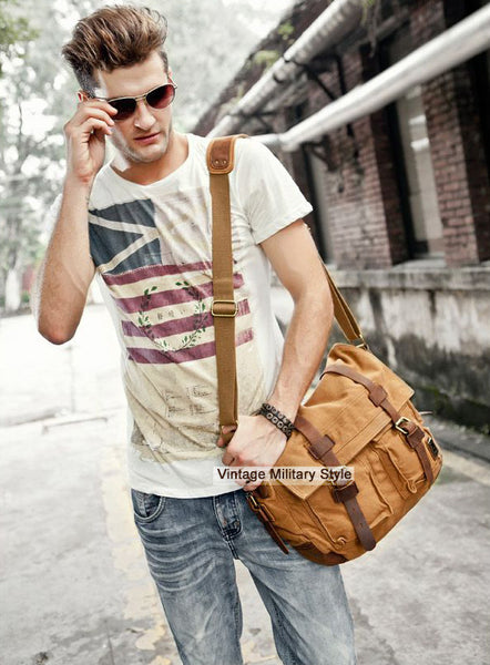 stylish man wearing the military style messenger bag 