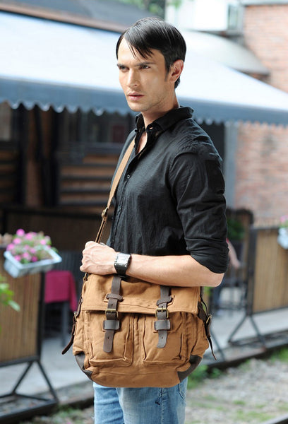 Brown Military Style Messenger Bag with Dual Leather Straps & Metal Buckles