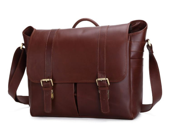 Solid Brown Leather Messenger Bag for Photographers, Travelers & Busy Professionals