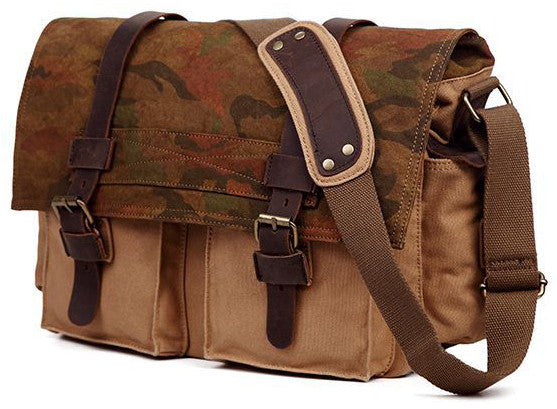 Army Messenger Bag - Camouflage Over Flap Satchel with Pliable Canvas