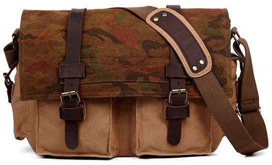 Army Messenger Bag - Camouflage Over Flap Satchel with Pliable Canvas