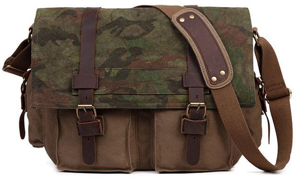 Army Messenger Bag - Camouflage Over Flap Satchel with Pliable Canvas