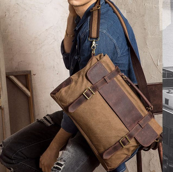 Leather Trimmed Vintage Canvas Messenger Bag