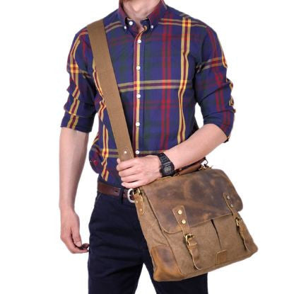 Vintage Style Canvas Leather Flap-over Messenger Bag with Brass Accents