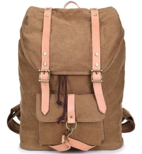 Canvas & Leather Casual Student Laptop Backpack - front view