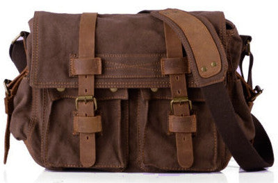 dark brown leather and canvas messenger bag for school by Serbags