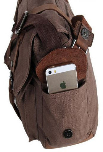 side pockets fitting an iphone on the dark brown school messenger bag by Serbags