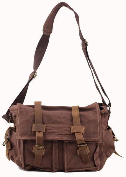 front view for the dark brown leather and canvas messenger bag for school by Serbags