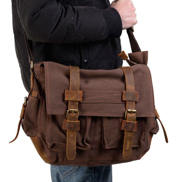 man wearing a dark brown school messenger bag by Serbags