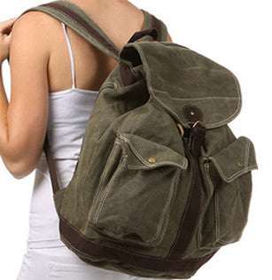 Canvas Multi-Pocket Rucksack Backpack with Leather Strap