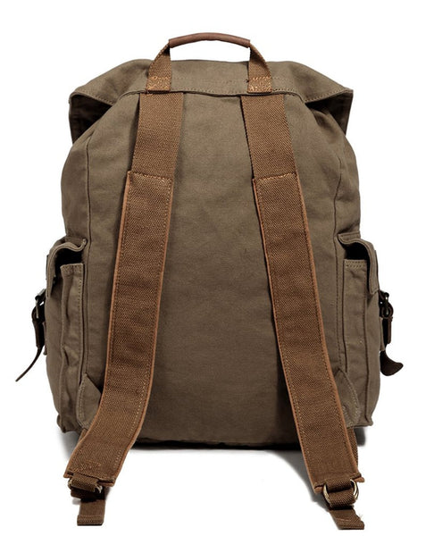 back view of the olive hiking canvas travel backpack by Serbags