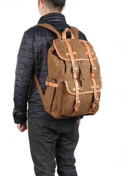 Man wearing cotton backpack with leather straps by SerBags