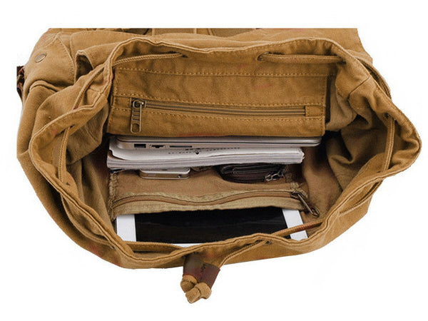 Interior details of the brown Serbags canvas travel backpack 