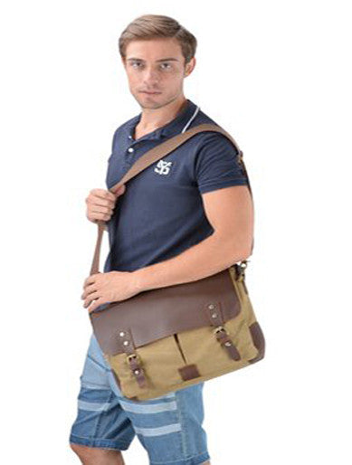 Casual Canvas and Genuine Leather Messenger Bag - 14