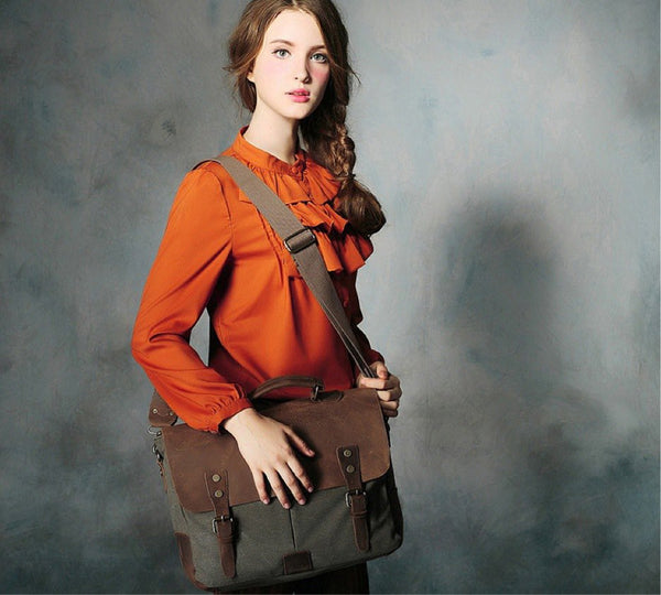 Casual Canvas and Genuine Leather Messenger Bag - 14