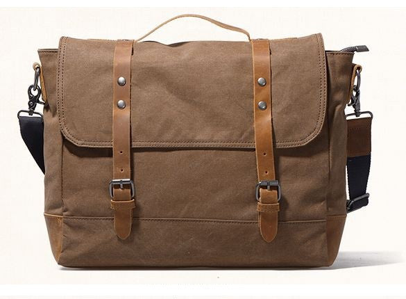 Double Shoulder Straps Durable Canvas and Leather Messenger Bag with Metal Finish
