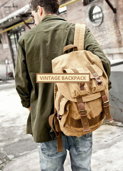 Stylish man wearing light-brown military travel backpack 2