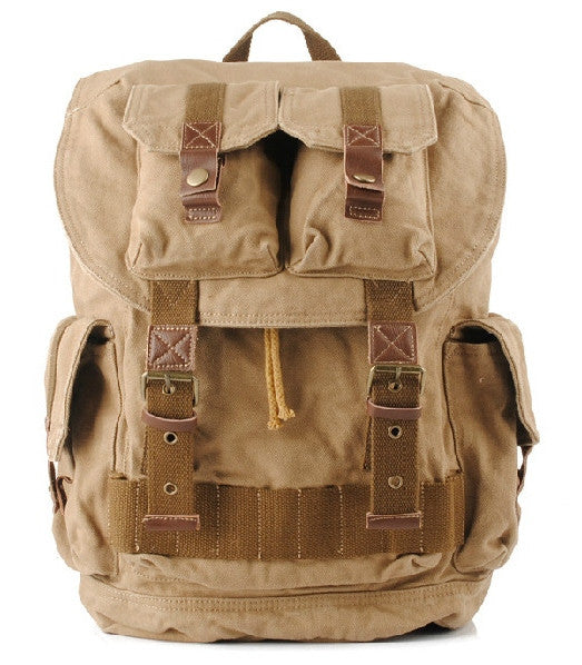 Military Style Canvas School Travel Backpack with Many Pockets