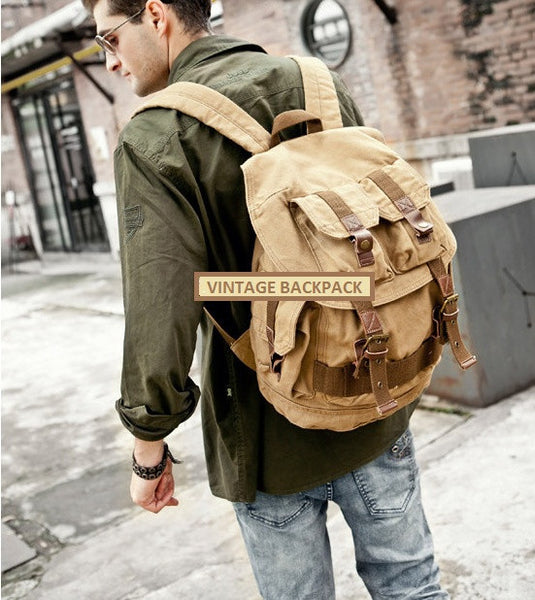 Young man wearing the Serbags light-brown military travel backpack