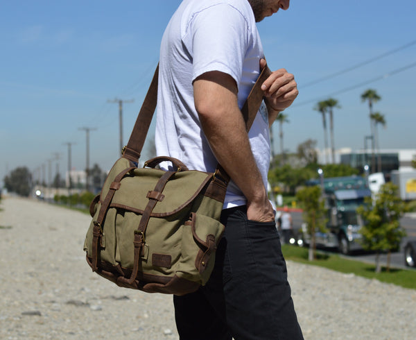 Premium Quality Canvas & Leather Messenger Bag with Thick Leather Handle