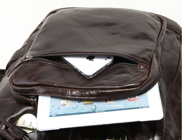 Exterior pocket detailing - Genuine Leather Casual Travel Backpack