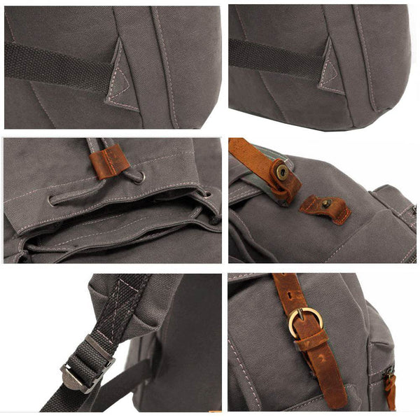 Details & finishes on the gray canvas backpack