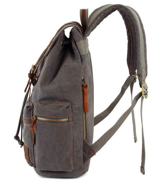 Side view of the Serbags gray canvas backpack