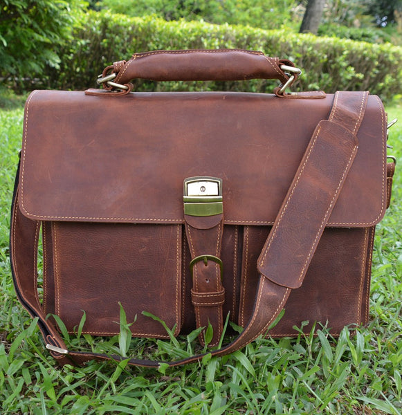 Italian Leather Men's Briefcase Laptop - Two Gusset Pockets
