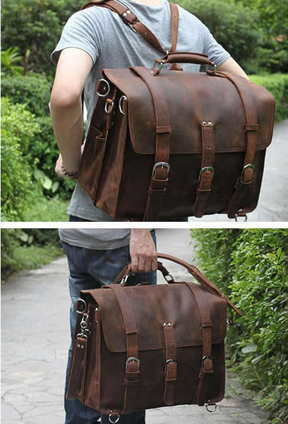 Man sporting huge Selvaggio handmade leather briefcase & backpack