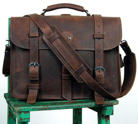 Front view of Selvaggio Handmade Rugged Leather Briefcase & Heavy Duty Backpack