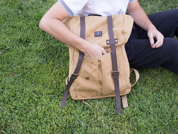 Khaki Vintage Backpack with Large Front Pocket - Padded Laptop Sleeve - Serbags - 6