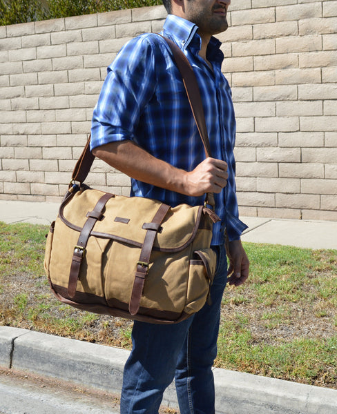 Large Waxed Canvas & Leather Messenger Bag