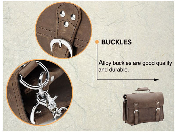 buckle and strap details on the handcrafted distressed leather laptop briefcase by Serbags