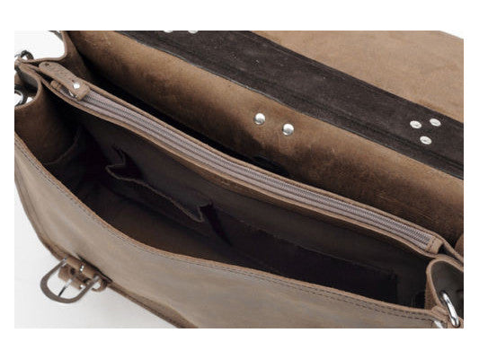 zipper & interior pocket details on the handcrafted distressed leather laptop briefcase by Serbags