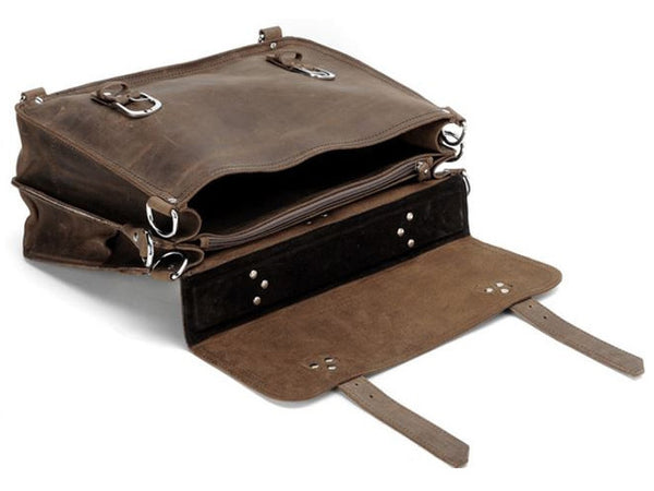 handcrafted distressed leather laptop briefcase by Serbags interior pockets