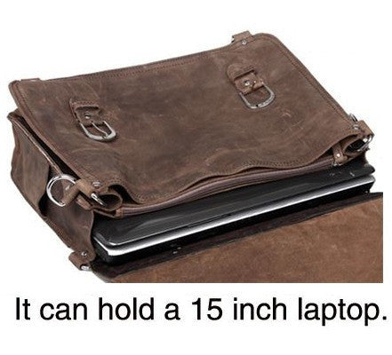 the handcrafted distressed leather laptop briefcase can hold a 15-inch laptop