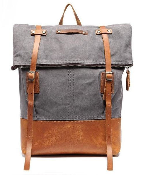 Waxed Canvas Backpack for School, College with Leather Bottom for Extra Durability - 15