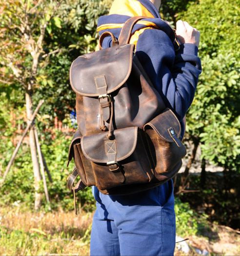 Rugged Genuine Leather Vintage Rucksack with Multi-Pockets and Double Shoulder Straps