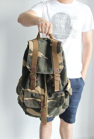 Heavy Duty & Full Canvas Camo Military Backpack with Leather Accents