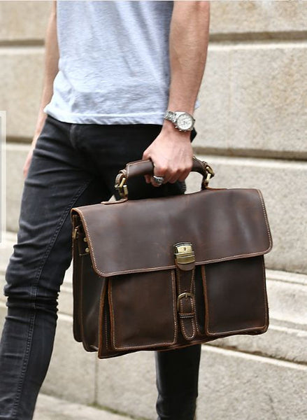 Italian Leather Men's Briefcase Laptop - Two Gusset Pockets