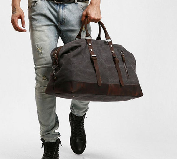 Vintage Travel Canvas Leather Luggage Duffel Men&#39;s Weekend Bag under