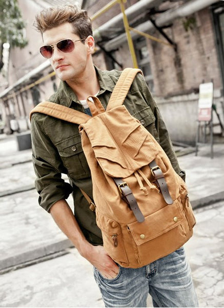 Military Canvas Leather Hiking Travel Rucksack Backpack