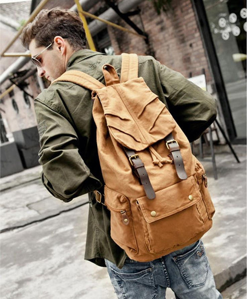 light brown military canvas & leather backpack 